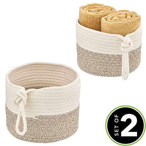 mDesign Casual Round Woven Cotton Rope Bathroom Basket with Tie Handles - Storage Organizer Set for Countertop, Floor, Closet or Vanity, Holds Toilet Paper, Towels, or Magazines, Set of 2, White/Brown