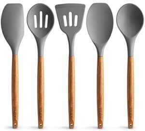 zulay kitchen utensils set - non-stick silicone cooking utensils set with authentic acacia wood handles - 5 piece silicone utensil set - silicone kitchen utensils set (gray)