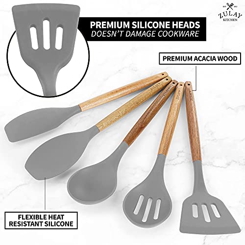 Zulay Kitchen Utensils Set - Non-Stick Silicone Cooking Utensils Set with Authentic Acacia Wood Handles - 5 Piece Silicone Utensil Set - Silicone Kitchen Utensils Set (Gray)