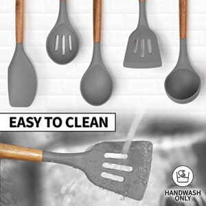 Zulay Kitchen Utensils Set - Non-Stick Silicone Cooking Utensils Set with Authentic Acacia Wood Handles - 5 Piece Silicone Utensil Set - Silicone Kitchen Utensils Set (Gray)