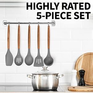 Zulay Kitchen Utensils Set - Non-Stick Silicone Cooking Utensils Set with Authentic Acacia Wood Handles - 5 Piece Silicone Utensil Set - Silicone Kitchen Utensils Set (Gray)