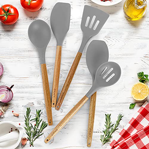 Zulay Kitchen Utensils Set - Non-Stick Silicone Cooking Utensils Set with Authentic Acacia Wood Handles - 5 Piece Silicone Utensil Set - Silicone Kitchen Utensils Set (Gray)