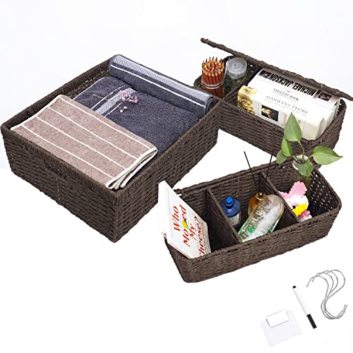 MAHGOUB Rectangular Paper Rope Woven Storage Basket,Rectangular Paper Rope Storage Basket with Built-in Handles(Set of 3) Toilet Paper Basket,Apply to Baskets Shelf,Bathroom,Kitchen,den,Laundry Room