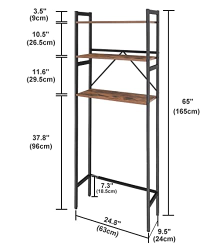 Over-The-Toilet Storage Rack 3-Tier Bathroom Organizer Shelf, Space Saver Toilet Stands for Washroom Laundry Room, Rustic Brown and Black