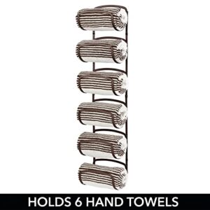 mDesign Steel Towel Holder for Bathroom Wall - Wall Mounted Organizer for Rolled Towels and Bath Robes - Six Level Wall Mount Towel Storage Rack - Bathroom Towel Organizer - Hyde Collection - Bronze