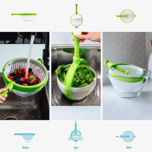 Dreamfarm Spina | Easy-To-Use Salad Spinner | Non-Scratch, Nylon Spinning Colander | Lettuce Spinner | Colander with Collapsible Handle | White & Green