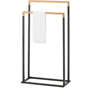 mygift 33 inch black chrome plated metal freestanding bathroom towel rack stand with 2 tier bamboo wood bar, laundry room drying rack stand