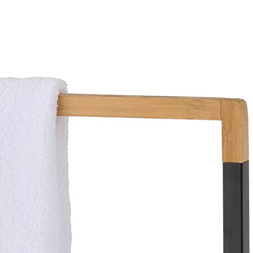 MyGift 33 Inch Black Chrome Plated Metal Freestanding Bathroom Towel Rack Stand with 2 Tier Bamboo Wood Bar, Laundry Room Drying Rack Stand