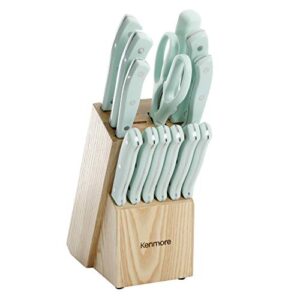 kenmore kane stainless steel forged triple riveted cutlery knife block set, 14-piece, glacier blue