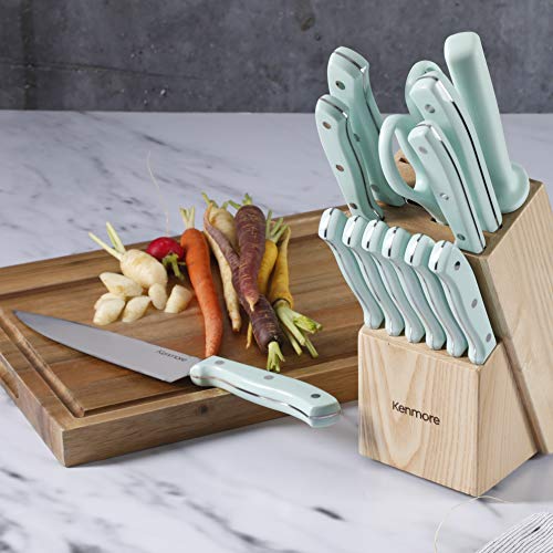 Kenmore Kane Stainless Steel Forged Triple Riveted Cutlery Knife Block Set, 14-Piece, Glacier Blue