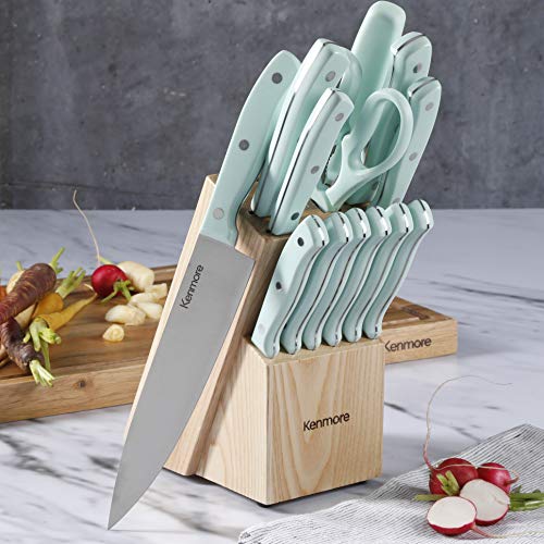 Kenmore Kane Stainless Steel Forged Triple Riveted Cutlery Knife Block Set, 14-Piece, Glacier Blue