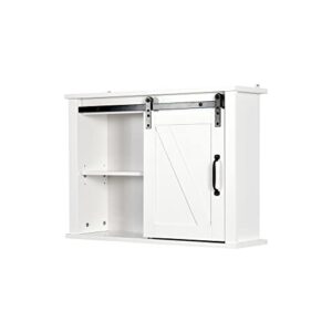 HONHPD Farmhouse Bathroom Wall Storage Cabinet, Over The Toilet Medicine Cabinet, Space Saving Sliding Barn Door Cupboard with Adjustable Shelves & Metal Handles, 27.2" L x 7.8" W x 19.7" H (White)