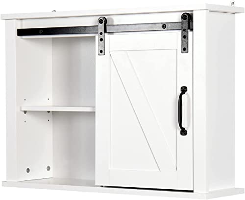 HONHPD Farmhouse Bathroom Wall Storage Cabinet, Over The Toilet Medicine Cabinet, Space Saving Sliding Barn Door Cupboard with Adjustable Shelves & Metal Handles, 27.2" L x 7.8" W x 19.7" H (White)