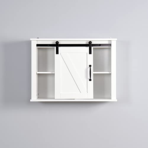 HONHPD Farmhouse Bathroom Wall Storage Cabinet, Over The Toilet Medicine Cabinet, Space Saving Sliding Barn Door Cupboard with Adjustable Shelves & Metal Handles, 27.2" L x 7.8" W x 19.7" H (White)