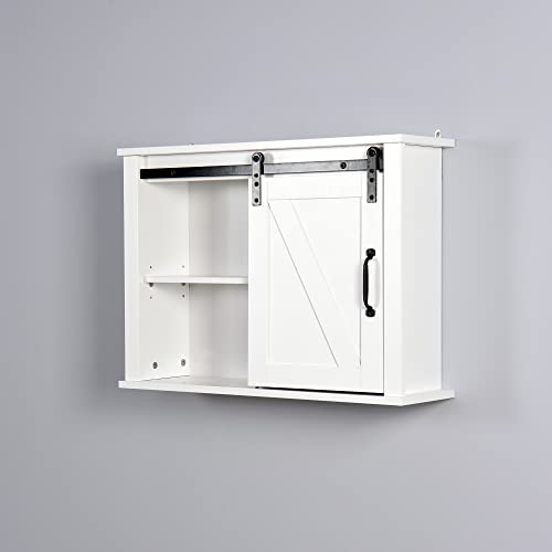 HONHPD Farmhouse Bathroom Wall Storage Cabinet, Over The Toilet Medicine Cabinet, Space Saving Sliding Barn Door Cupboard with Adjustable Shelves & Metal Handles, 27.2" L x 7.8" W x 19.7" H (White)