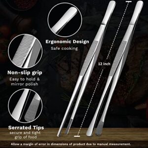 ENESTO Kitchen Tweezers Stainless Steel - Food Tweezers Set 12 inch, Fine Tweezer Tongs, Extra Long Tweezers 2 pcs, Professional Cooking Tweezers with Precision Serrated Tips Cooking Tongs