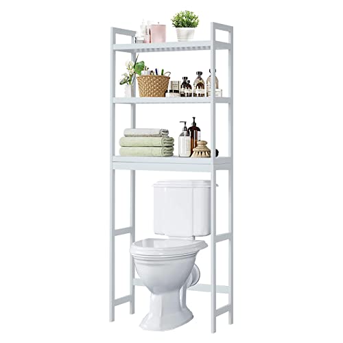 Elepude Over The Toilet Storage Storage Cabinet Rack, 3-Tier Bamboo Bathroom Organizer with Adjustable Shelves,Multifunctional Storage Rack Space-Saving and 6 Hooks,White