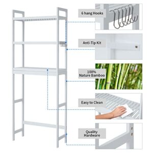 Elepude Over The Toilet Storage Storage Cabinet Rack, 3-Tier Bamboo Bathroom Organizer with Adjustable Shelves,Multifunctional Storage Rack Space-Saving and 6 Hooks,White