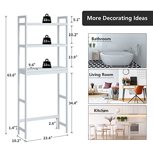 Elepude Over The Toilet Storage Storage Cabinet Rack, 3-Tier Bamboo Bathroom Organizer with Adjustable Shelves,Multifunctional Storage Rack Space-Saving and 6 Hooks,White