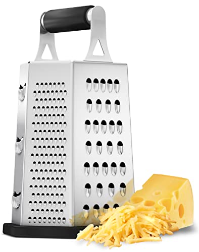 Utopia Kitchen - Cheese Grater & Shredder - Stainless Steel - 6 Sided Box Grater - Large Grating Surface with 6 Razor Sharp Blades - Non Slippery rubber bottom - Perfect to Slice, Grate, Shred & Zest Fruits, Vegetables, Cheeses & Many more! (Black)