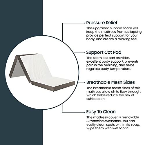 Zayton 3-Inch Tri-Folding Portable Floor Gel Memory Foam Mattress | Comfortable Support, Standard Size, Cot Pad, Breathable Mesh Sides with Ultra Soft, Removable and Washable Cover, 31-Inch, White