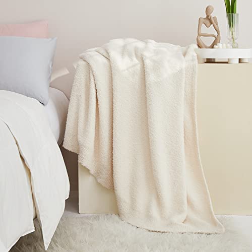 CYMULA Knit Throw Blanket for Couch Cream White-Super Soft Lightweight Plush Fuzzy Fluffy Cozy Blankets and Throws for Sofa Bed, 50x60 inches