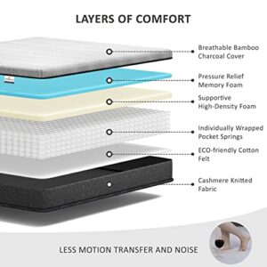 SEMIELO Queen Mattress, 10 Inch Memory Foam Hybrid Mattress/CertiPUR-US Certified/Bed in a Box/Pressure Relieving/Bamboo Charcoal Cover, Medium Firm Innerspring Mattress with Pocket Springs