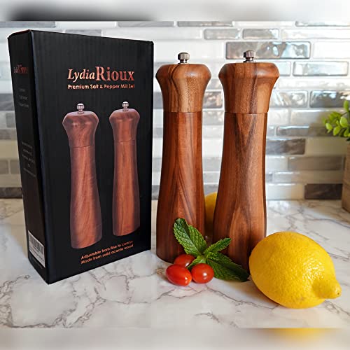 Wooden Salt and Pepper Grinder Set - Premium Acacia Wood Grinders with Adjustable Ceramic Grinding Mechanism - 8 inch Refillable Salt and Pepper Mills