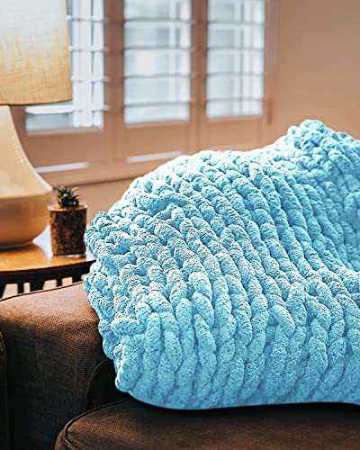 EASTSURE Chunky Knit Blanket Premium Super Soft Warm Knit Blanket Cozy Chenille Blanket for Couch Bed Chair Blue 40"x60"