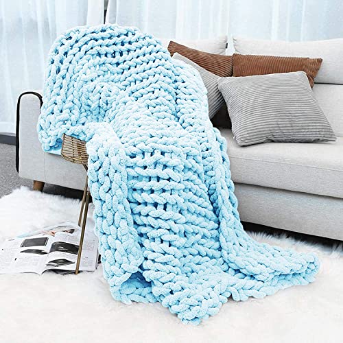 EASTSURE Chunky Knit Blanket Premium Super Soft Warm Knit Blanket Cozy Chenille Blanket for Couch Bed Chair Blue 40"x60"