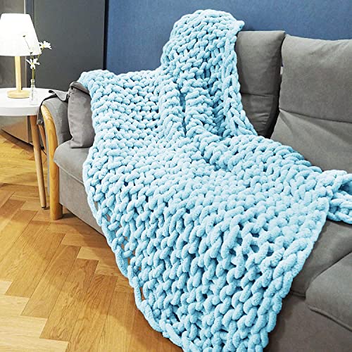 EASTSURE Chunky Knit Blanket Premium Super Soft Warm Knit Blanket Cozy Chenille Blanket for Couch Bed Chair Blue 40"x60"