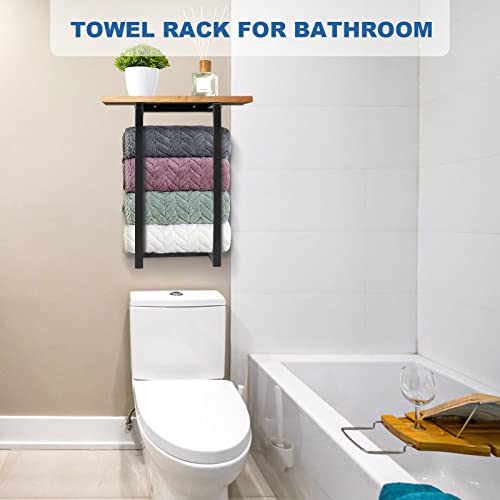 Wellsign Towel Racks for Bathroom Wall Mounted, Metal Towel Holders with Wooden Shelf for Small Bathroom, Rv, Camper Rolled Bath Towel and Hand Towels Holder Storage and Organization Decor