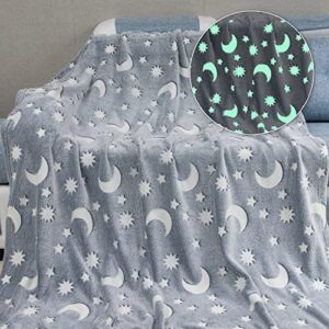 qh seamless star & moon gray glow in the dark throw blanket luminous blanket-fun, cozy fleece throw blanket made for great gifts 60in x 50in