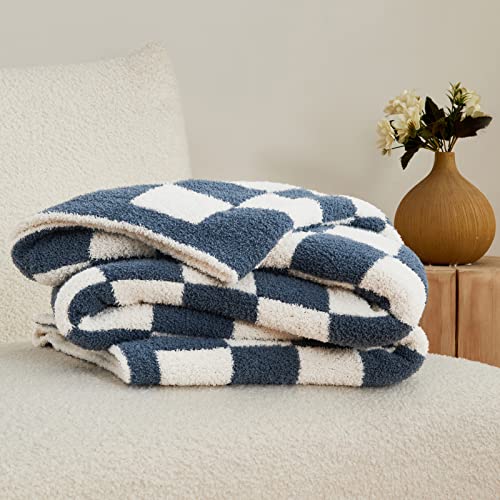 CozeCube Checkered Blanket,Ultra Soft Cozy Blue Checkered Throw Blanket Fuzzy Fleece Blanket, Warm Fluffy Microfiber Knitted Checkerboard Throw Blanket for Couch Bed Sofa Chic Home Decor,50x60 Inches