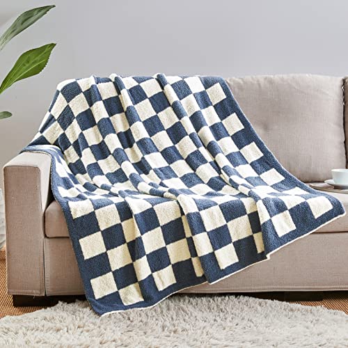 CozeCube Checkered Blanket,Ultra Soft Cozy Blue Checkered Throw Blanket Fuzzy Fleece Blanket, Warm Fluffy Microfiber Knitted Checkerboard Throw Blanket for Couch Bed Sofa Chic Home Decor,50x60 Inches