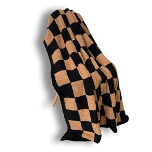 fuzzy checkered throw blanket soft cozy lightweight warm reversible blanket preppy aesthetic decor for couch,chair,sofa,bed (black/camel, 51"x63")