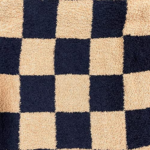 Fuzzy Checkered Throw Blanket Soft Cozy Lightweight Warm Reversible Blanket Preppy Aesthetic Decor for Couch,Chair,Sofa,Bed (Black/Camel, 51"x63")