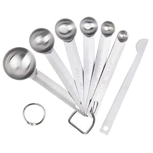 upgrade stainless steel measuring spoons set, small tablespoon, teaspoons, set 6 with bonus leveler, etched markings and removable clasp for dry and liquid, fits in spice jars