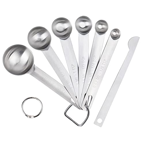 Upgrade Stainless Steel Measuring Spoons Set, Small Tablespoon, Teaspoons, Set 6 with Bonus Leveler, Etched Markings and Removable Clasp for Dry and Liquid, Fits in Spice Jars