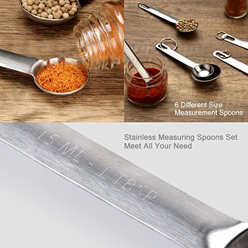 Upgrade Stainless Steel Measuring Spoons Set, Small Tablespoon, Teaspoons, Set 6 with Bonus Leveler, Etched Markings and Removable Clasp for Dry and Liquid, Fits in Spice Jars