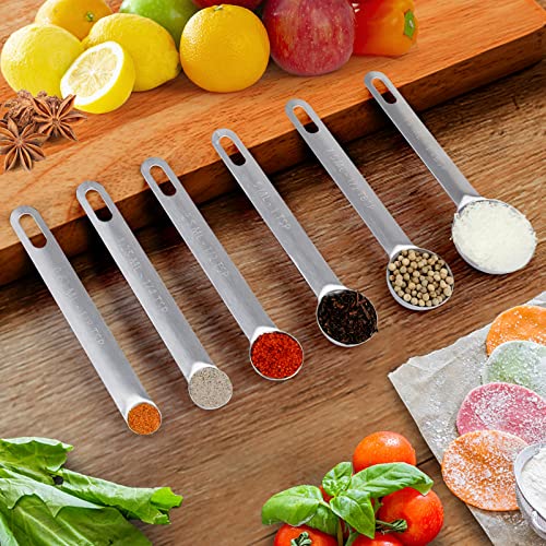 Upgrade Stainless Steel Measuring Spoons Set, Small Tablespoon, Teaspoons, Set 6 with Bonus Leveler, Etched Markings and Removable Clasp for Dry and Liquid, Fits in Spice Jars