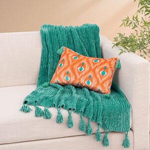 recyco chenille knit throw blanket for couch, super soft cozy throw blankets with tassels, thick striped knitted blankets for sofa chair bed living room, turquoise, 50" x 60", laundry bag included