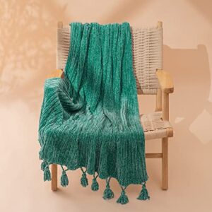 RECYCO Chenille Knit Throw Blanket for Couch, Super Soft Cozy Throw Blankets with Tassels, Thick Striped Knitted Blankets for Sofa Chair Bed Living Room, Turquoise, 50" x 60", Laundry Bag Included