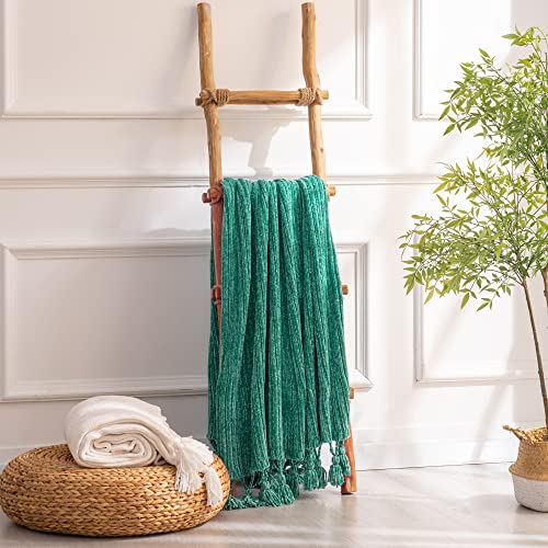 RECYCO Chenille Knit Throw Blanket for Couch, Super Soft Cozy Throw Blankets with Tassels, Thick Striped Knitted Blankets for Sofa Chair Bed Living Room, Turquoise, 50" x 60", Laundry Bag Included