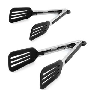 staruby cooking tongs 9 inches and 12 inches stainless steel kitchen silicone serving tongs heat resistant meat turner spatula tongs fish tongs with locking handle joint (black)