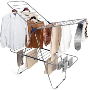 luxe laundry premium clothes drying rack, foldable 2-layer stainless steel drying rack, free standing with height adjustable wings, stainless steel, sock clips, towel rack, clothes, blue