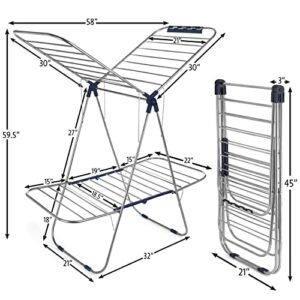 Luxe Laundry Premium Clothes Drying Rack, Foldable 2-Layer Stainless Steel Drying Rack, Free Standing with Height Adjustable Wings, Stainless Steel, Sock Clips, Towel Rack, Clothes, Blue