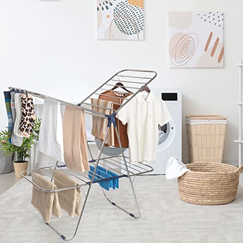 Luxe Laundry Premium Clothes Drying Rack, Foldable 2-Layer Stainless Steel Drying Rack, Free Standing with Height Adjustable Wings, Stainless Steel, Sock Clips, Towel Rack, Clothes, Blue