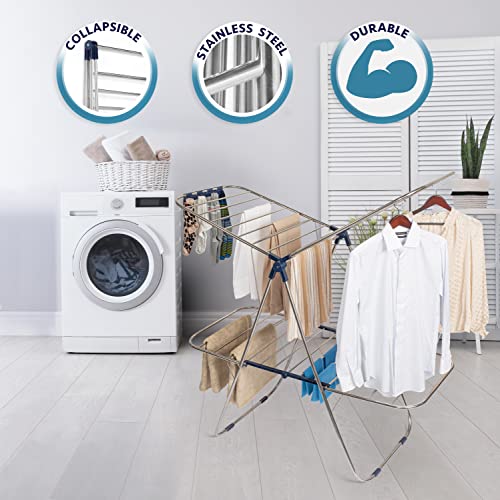 Luxe Laundry Premium Clothes Drying Rack, Foldable 2-Layer Stainless Steel Drying Rack, Free Standing with Height Adjustable Wings, Stainless Steel, Sock Clips, Towel Rack, Clothes, Blue
