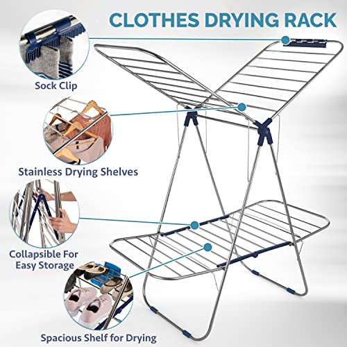 Luxe Laundry Premium Clothes Drying Rack, Foldable 2-Layer Stainless Steel Drying Rack, Free Standing with Height Adjustable Wings, Stainless Steel, Sock Clips, Towel Rack, Clothes, Blue